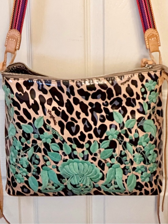 Consuela Handbags - Leopard Print Crossbody with Turquoise Floral Embroidery